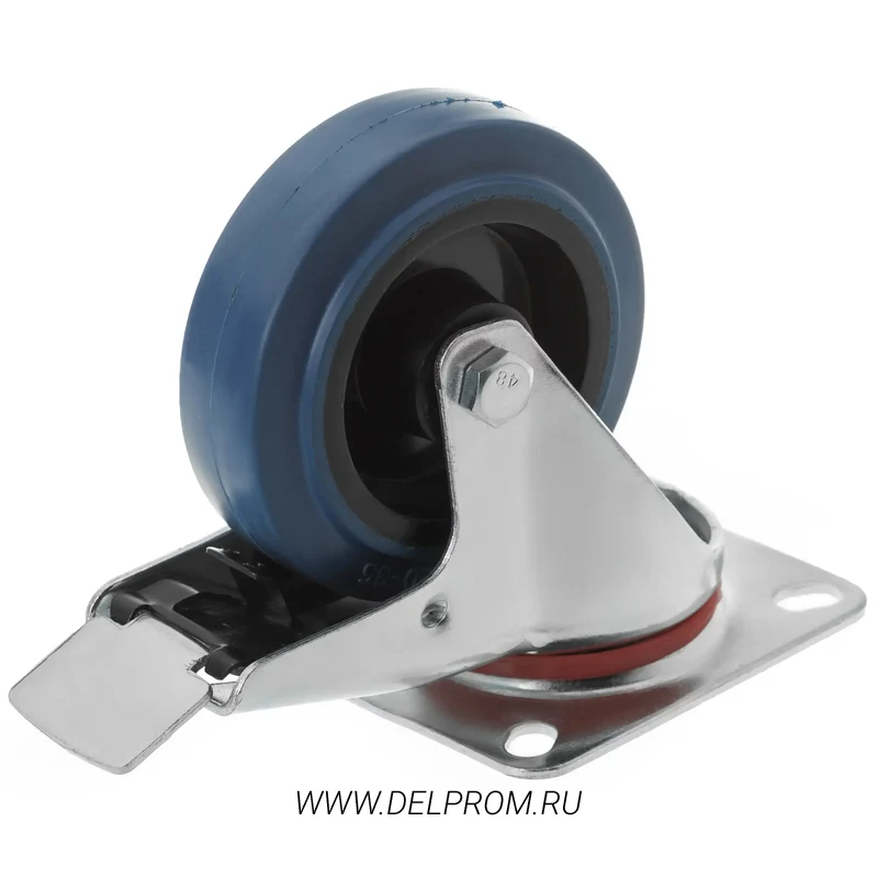 SCLb 42 Колесо поворотное с тормозом, платформенное крепление, синяя резина д. 100 мм