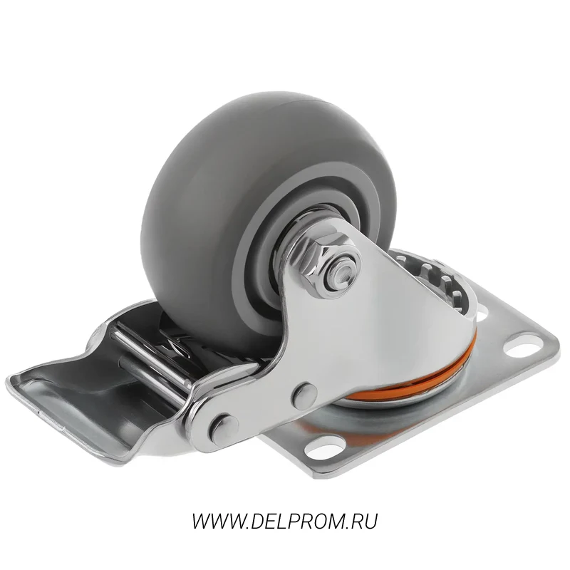 34075Sb - Аппаратное колесо из термопласт. рез.75 мм(повор.площ,торм.,серое,полипр.обод,дв.шарикопод)